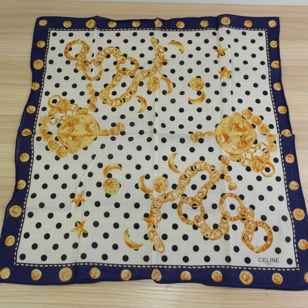 90s VTG CELINE Paris Handkerchief Blue Gold Medallion Chain Dots AUTH Luxe 17x17 - Picture 1 of 11